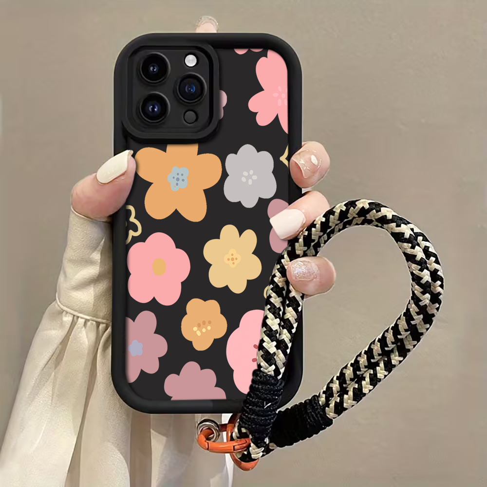 Matte Pc Case - เคสโทรศัพท์สายคล้องลายดอกไม้มาการองสำหรับ iPhone 12 13 14 15